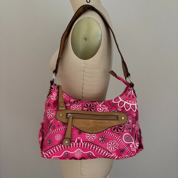 Isaac Mizrahi Handbags - Isaac Mizrahi Pink Bandanna Print Hobo Style Tan PVC Trimmed Bag Retro